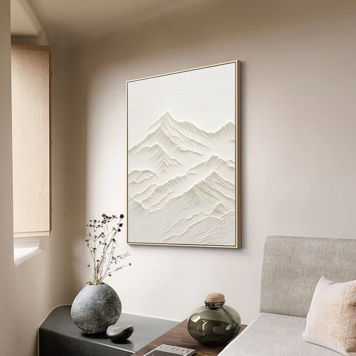 Hand-Textured White Abstract Mountain Painting - Modern Plaster Art #JJ 355