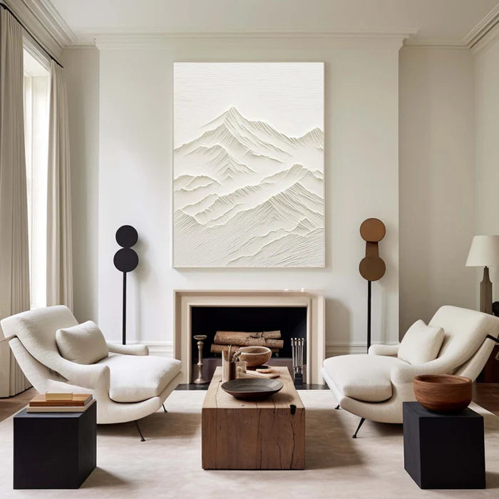 Hand-Textured White Abstract Mountain Painting - Modern Plaster Art #JJ 355