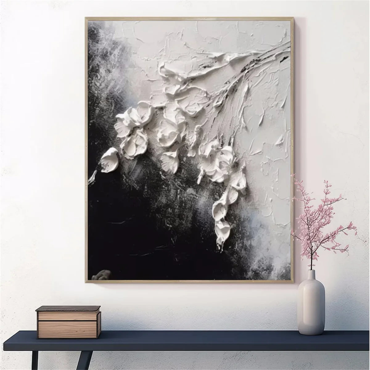 Black and White Floral Wall Art | Large Vertical Textured 3D Painting #ZZ 183