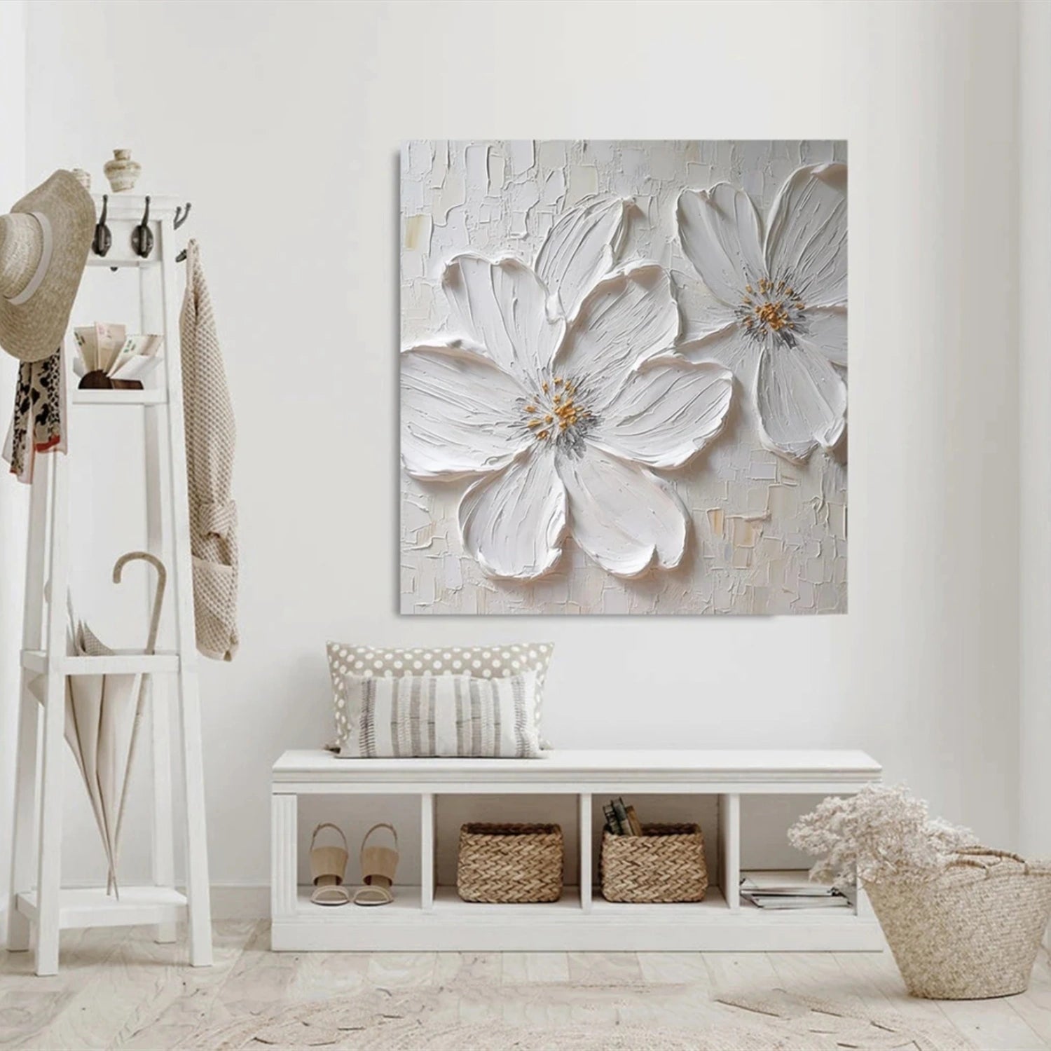 Textured White Floral Oil Painting | Handmade Impasto Art #ZZ 012