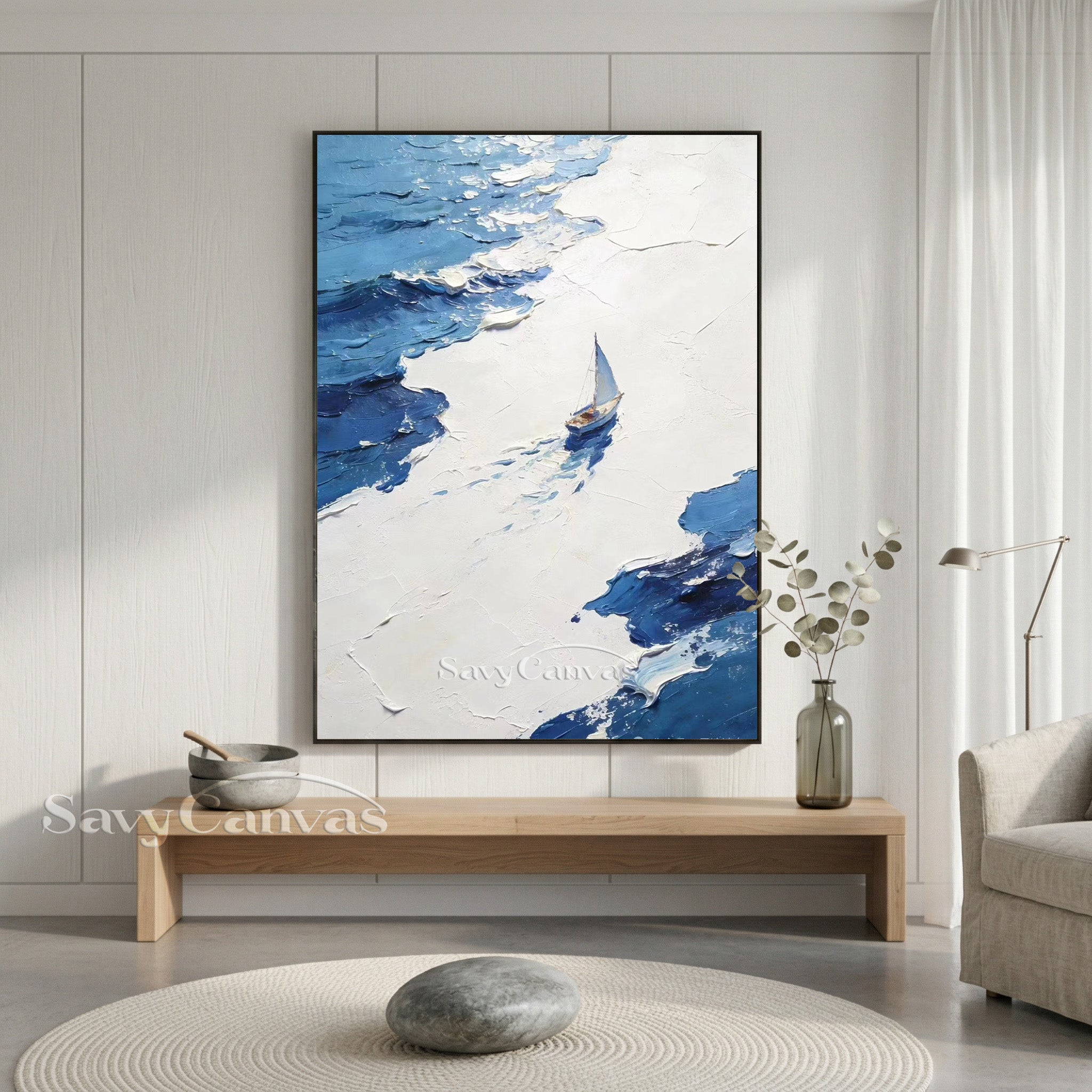3D Textured Sailboat Seascape Oil Painting | Blue Ocean Wall Art #SS 003