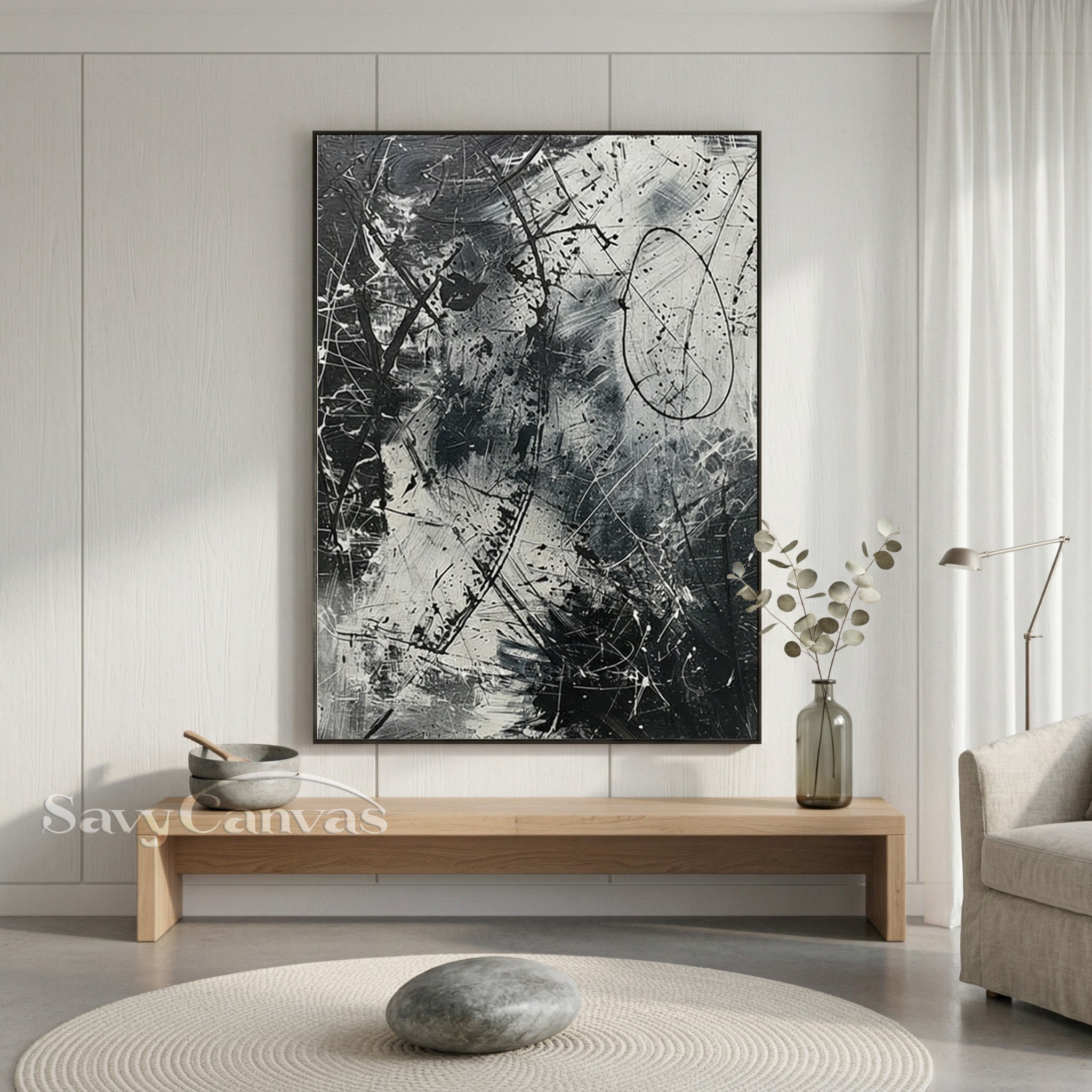 Dynamic Black and White Abstract Painting- Hand-Painted Textured Canvas #JJ 446