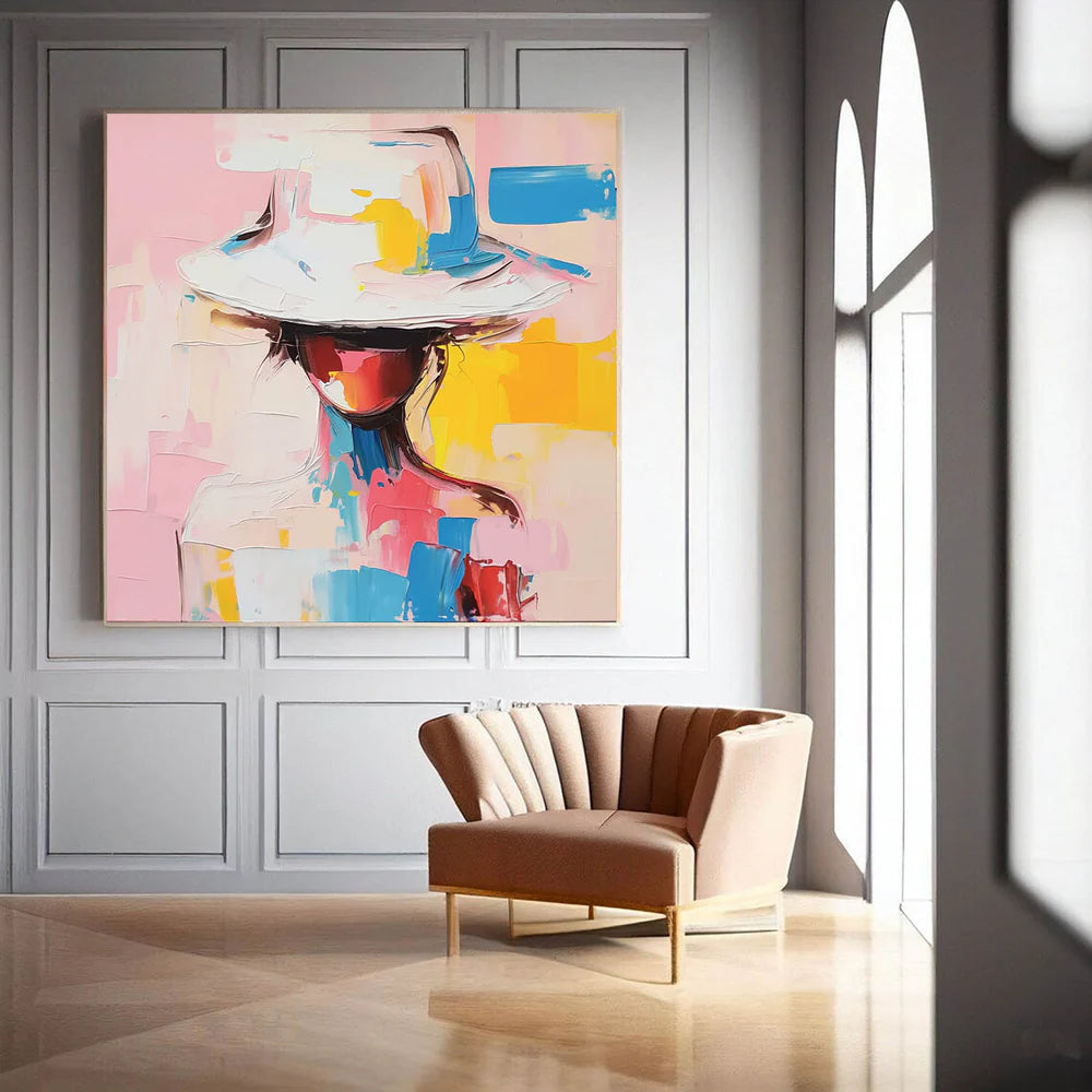 Modern Abstract Woman Oil Painting - Figure Art with Hat #JJ 048