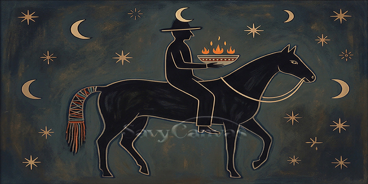 Mystic Night Rider Folk Art Canvas - Celestial Horse Painting #SS 037