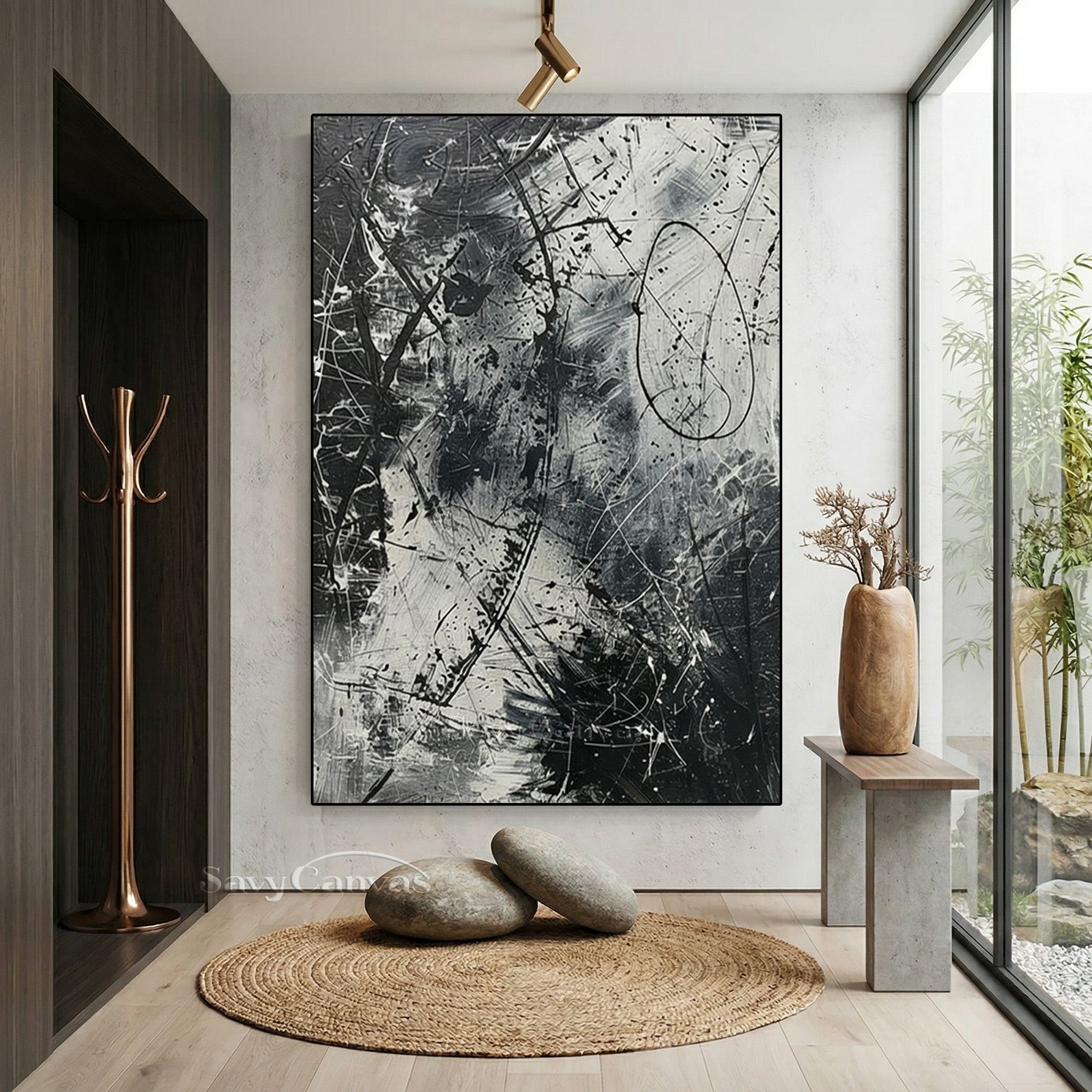Minimalist Black & White Oil Painting for Contemporary Home Office