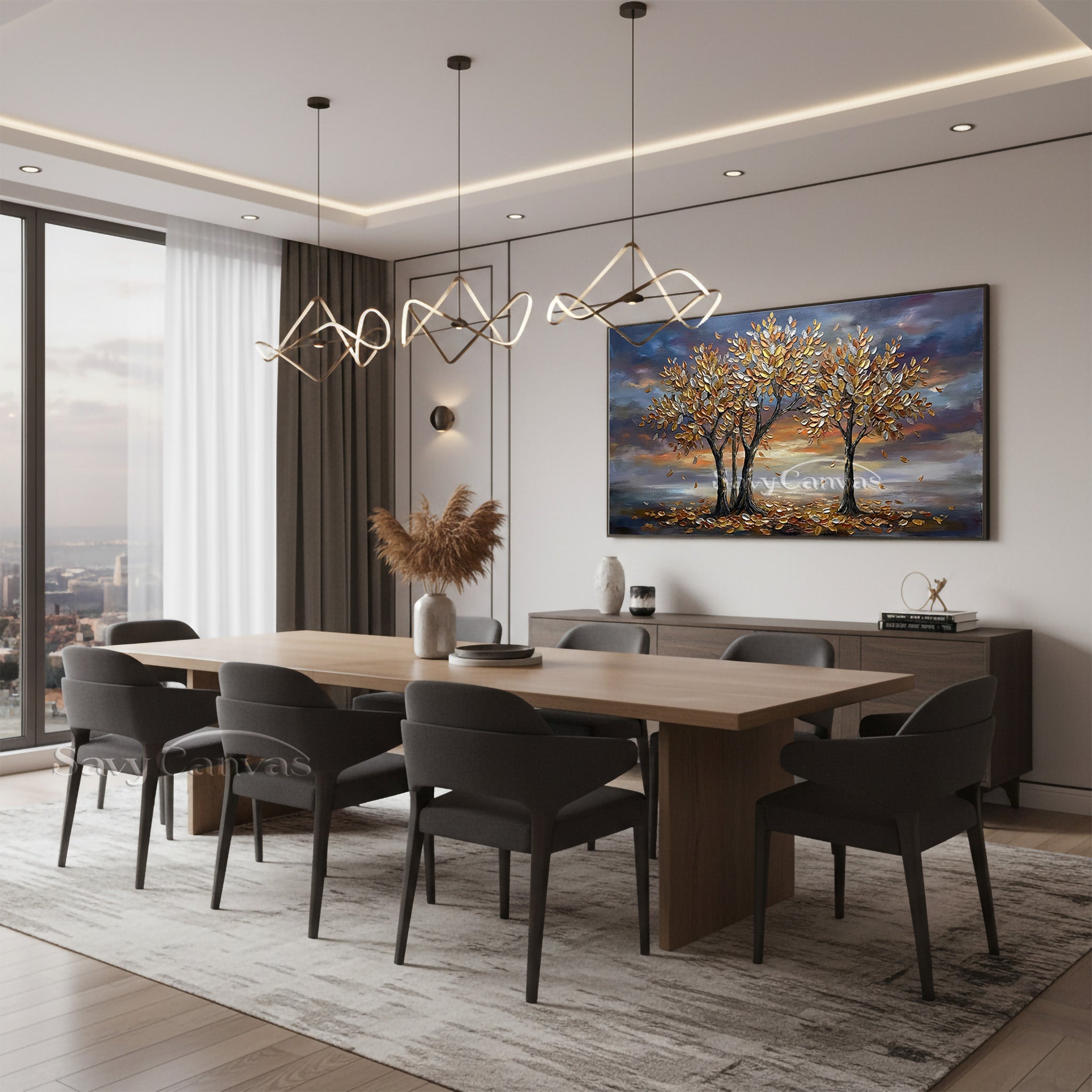 3D Textured Golden Tree Oil Painting - Modern Wall Art for Living Room #SS 034