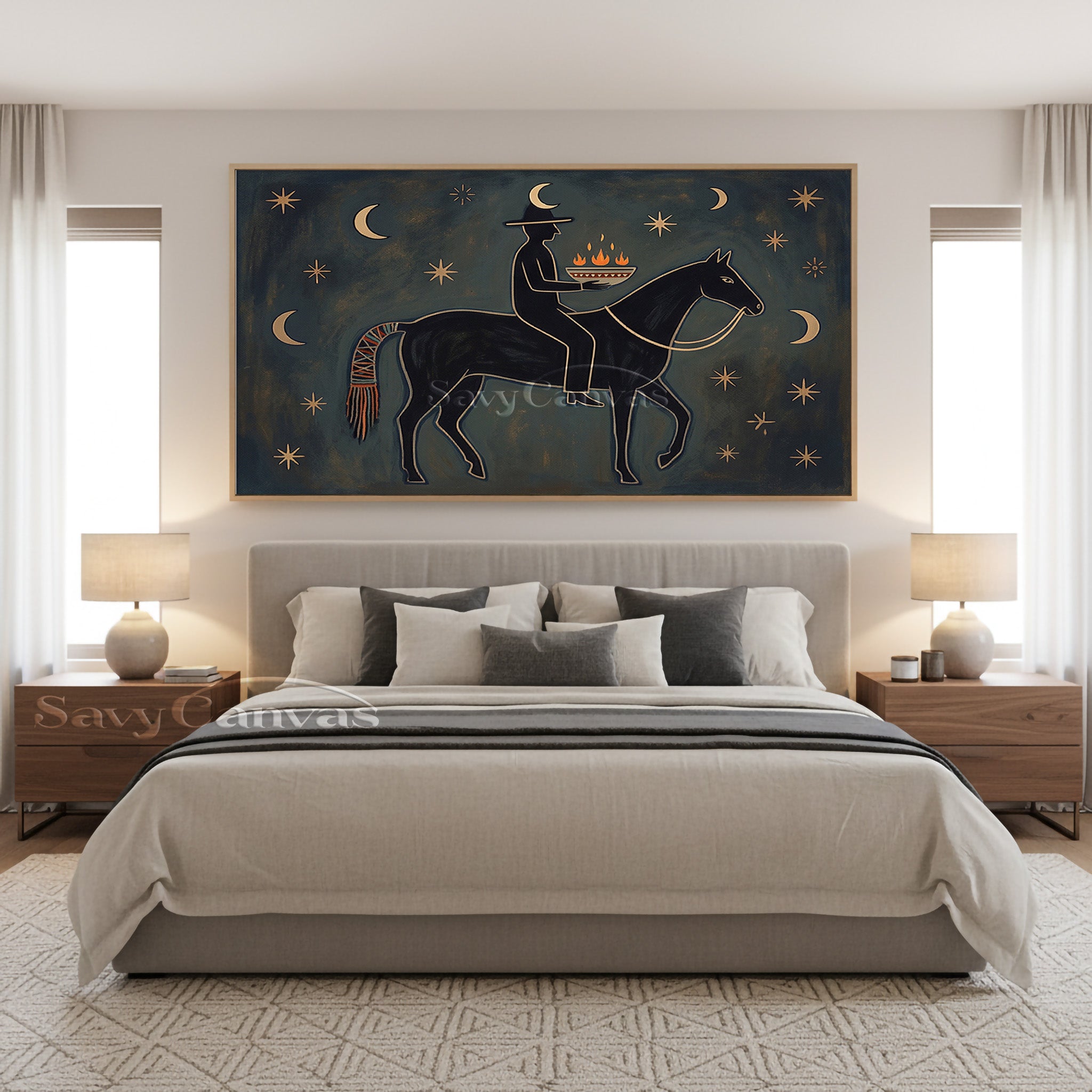Mystic Night Rider Folk Art Canvas - Celestial Horse Painting #SS 037