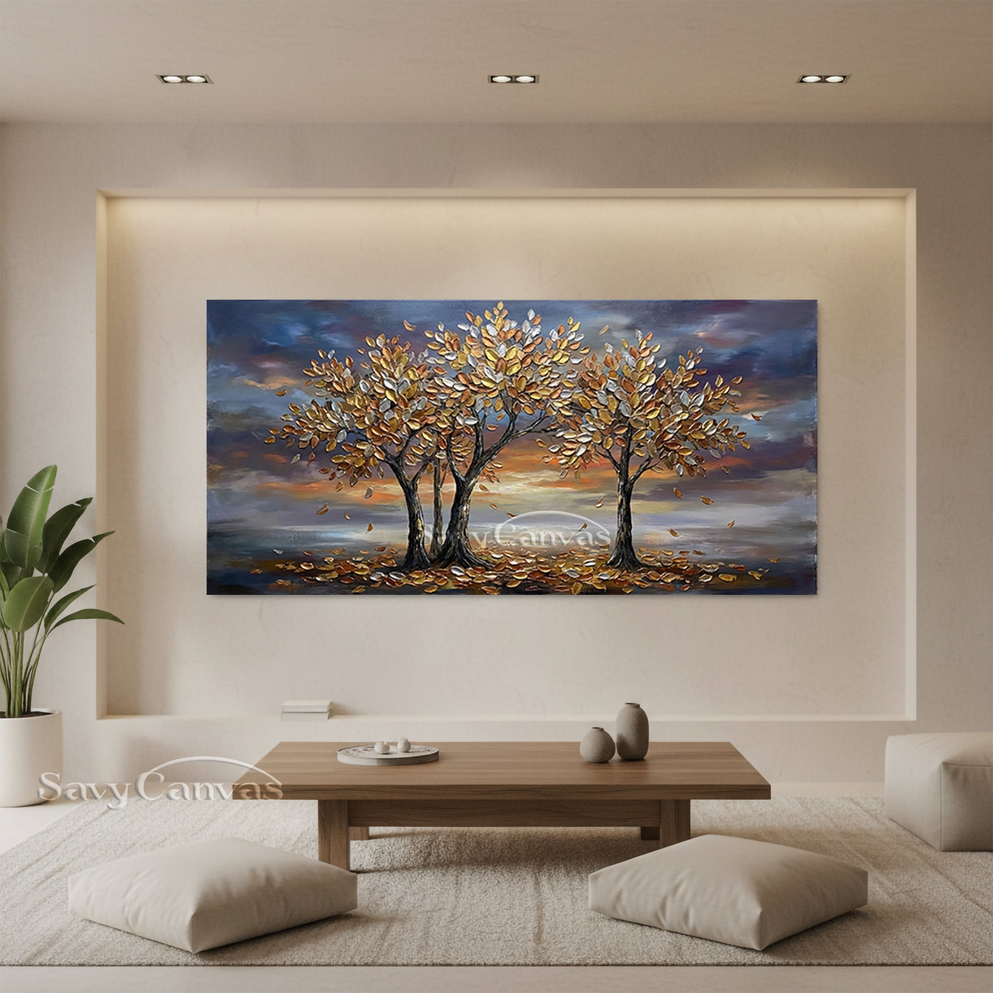 3D Textured Golden Tree Oil Painting - Modern Wall Art for Living Room #SS 034