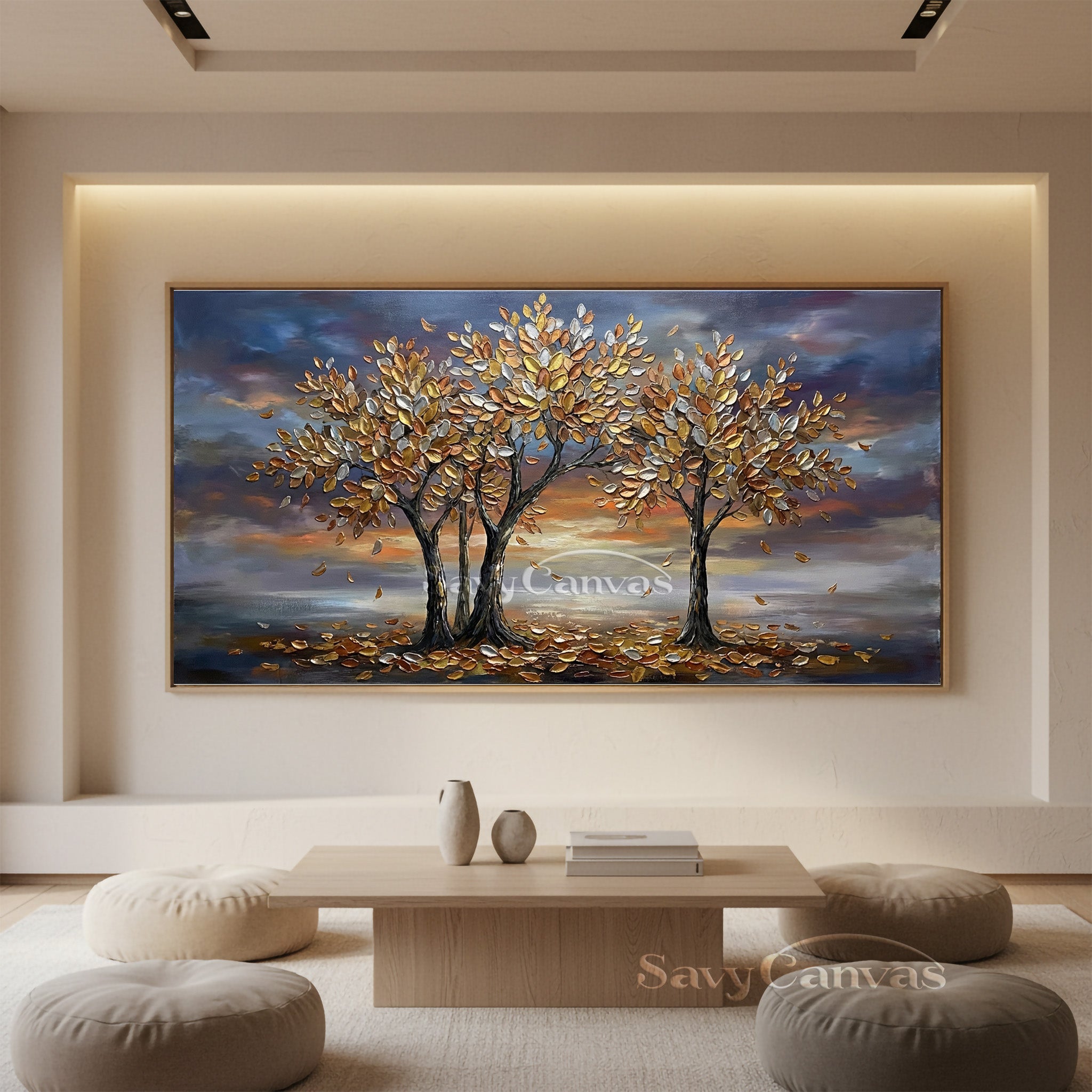 3D Textured Golden Tree Oil Painting - Modern Wall Art for Living Room #SS 034