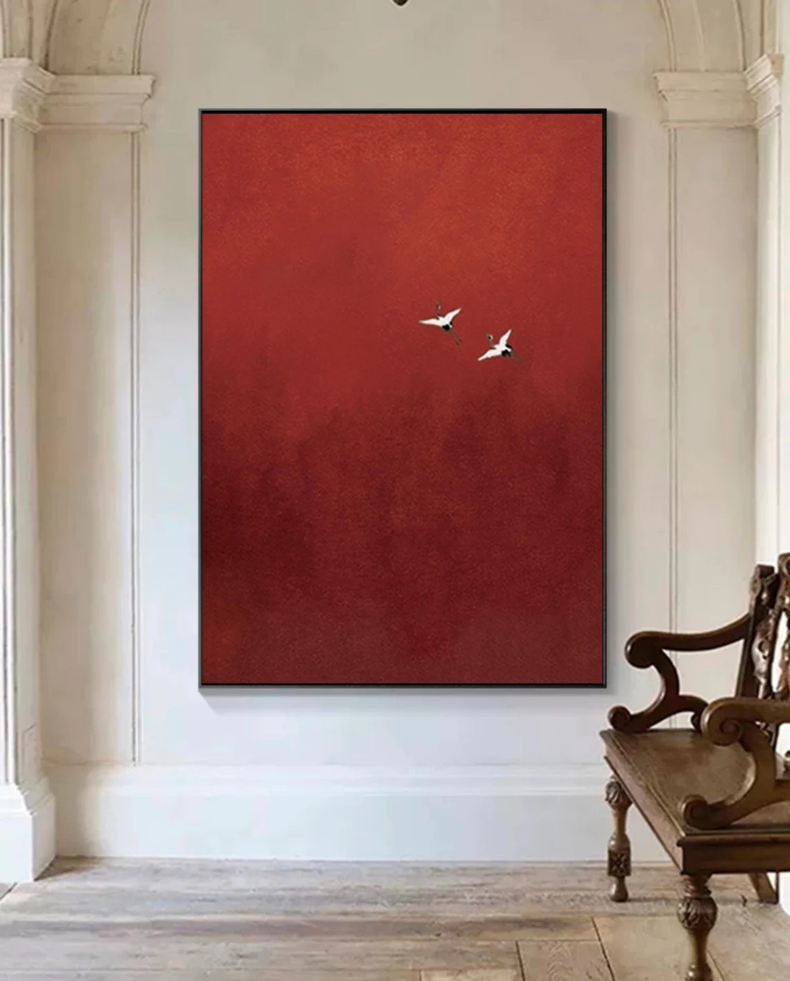 Minimalist Red Abstract Oil Painting with Flying Birds Wall Art #TC 026