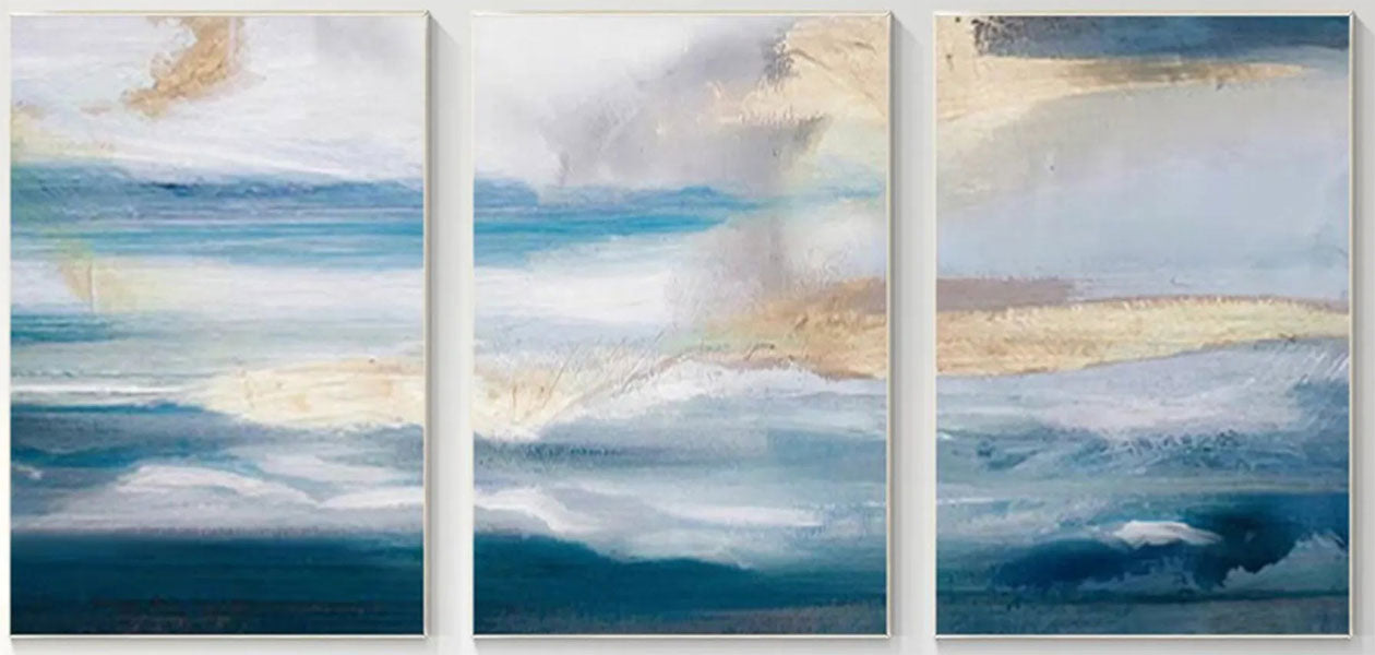 Blue & White Minimalist Ocean -Textured Wall Paintings Abstract  Art #JJ 215
