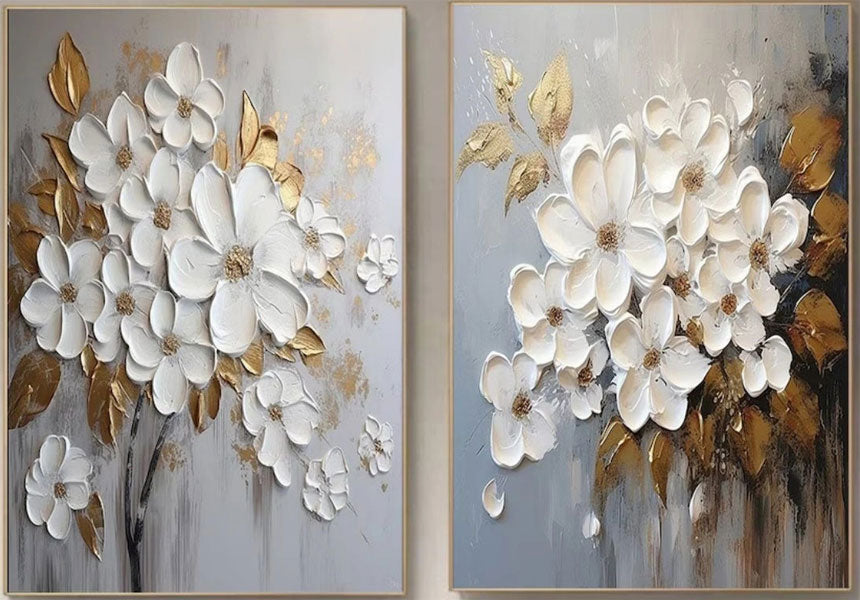 HandPainting Oil Painting for Home Decor: White Flowers with Gold Highlights #JJ 328