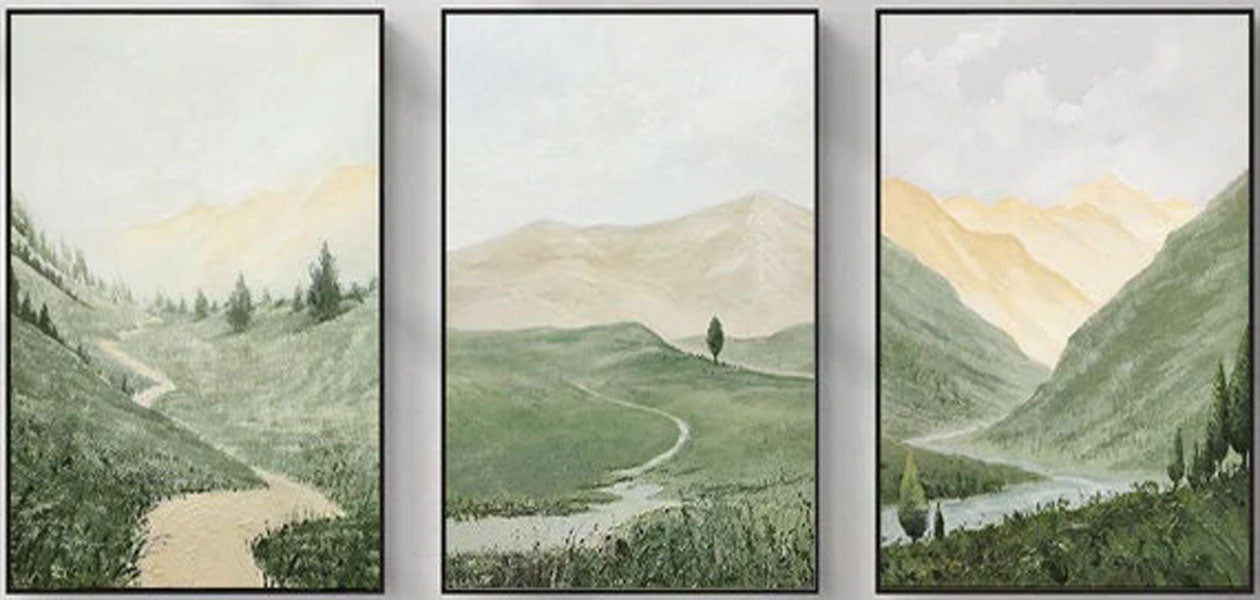 Tranquil Landscape Triptych | Handcrafted Mountain Oil Paintings #ZZ 001