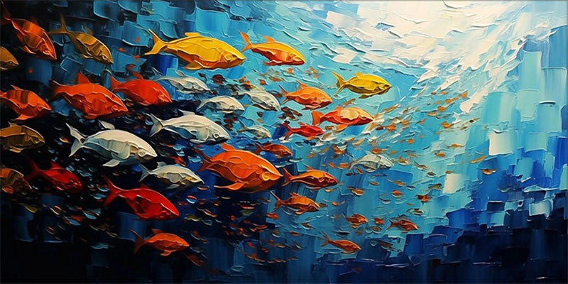 Large  Abstract Oil Painting Fish Wall Art - Ocean Painting #JJ 242