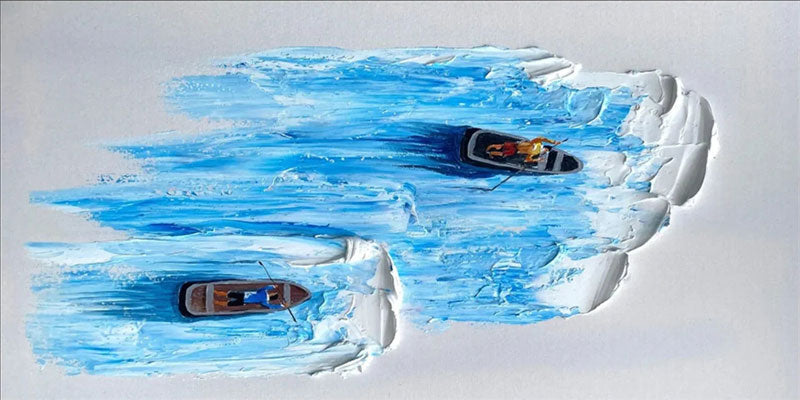 3D Textured Wall Art | Large Blue Ocean Boat Painting Canvas Decor #JJ