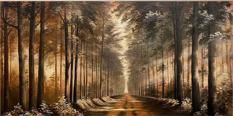 Golden Forest Path Abstract Oil Painting - Tranquil Art #JJ 039