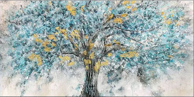 Abstract Tree Oil Painting with Blue & Gold Textured Leaves #JJ 038