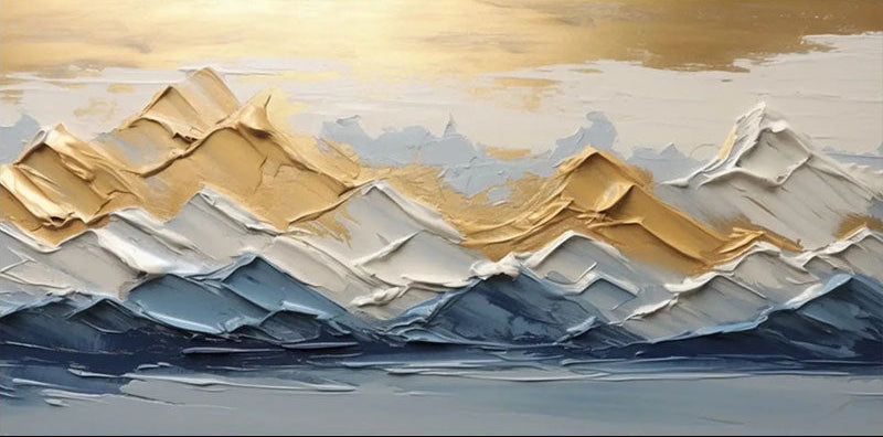 Gold & Blue Textured Mountain Art - Abstract Sunset Landscape #JJ 380