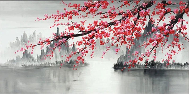 Oriental Style Floral Oil Painting | Red Plum Blossom Canvas Landscape  #JJ 300