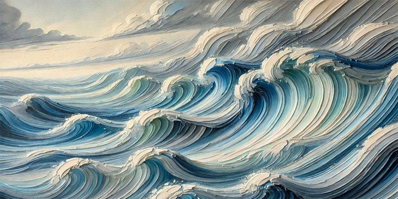Unique Wide Blue and White Textured Wave Abstract - Modern Ocean Art Gift #JJ 165