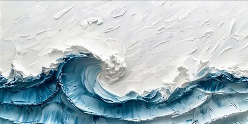 Wide Format Blue and White Textured Wave Abstract Oil Painting - Modern Ocean Wall Decor #JJ 180