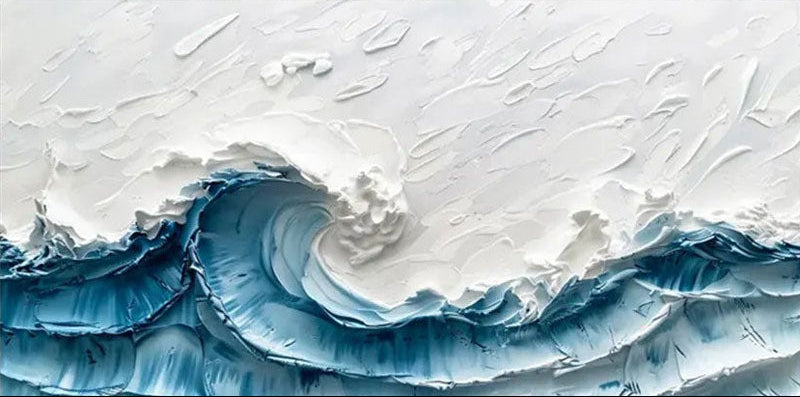 Wide Format Blue and White Textured Wave Abstract Oil Painting - Modern Ocean Wall Decor #JJ 180