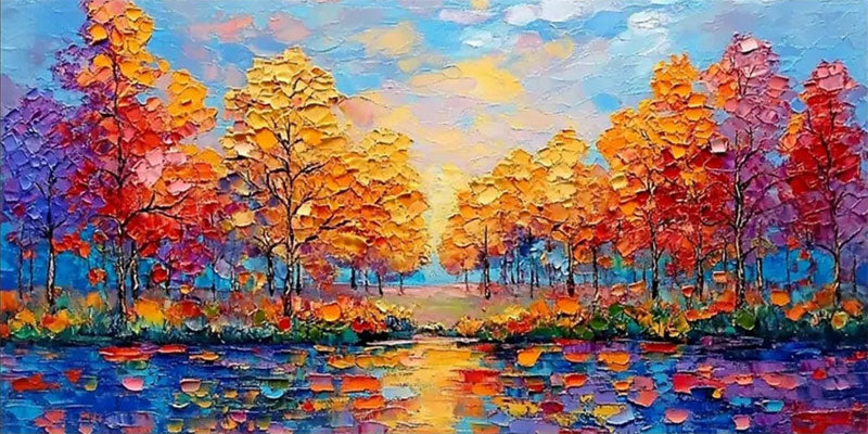 油絵　大きめ　アート　サンセット Sunset Lake Hand-Painted Oil Art | Vibrant Large Textured Trees #JJ 32