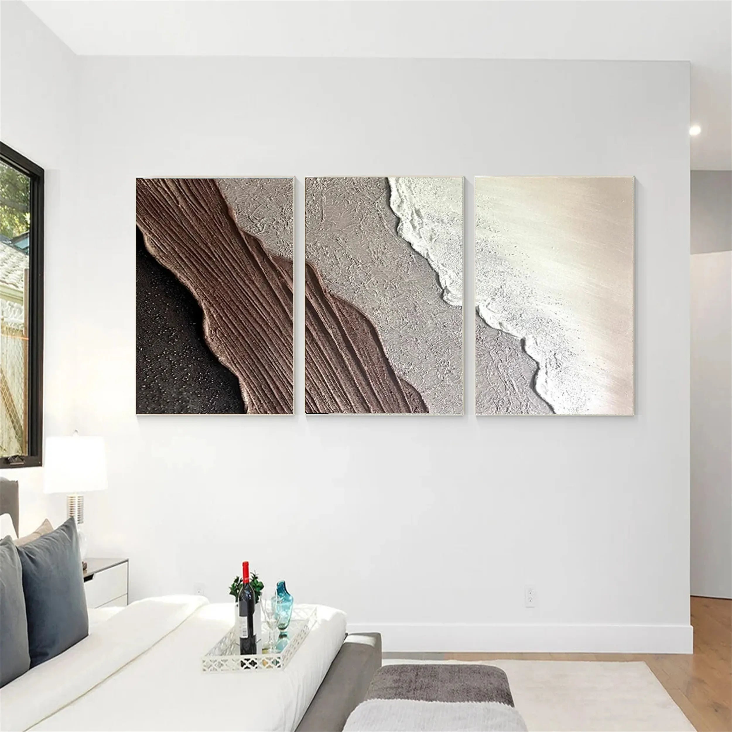 Large Wall Art Set of 3 Beach Art -Abstract Texture Brown Sea Oil Painting #JJ 283
