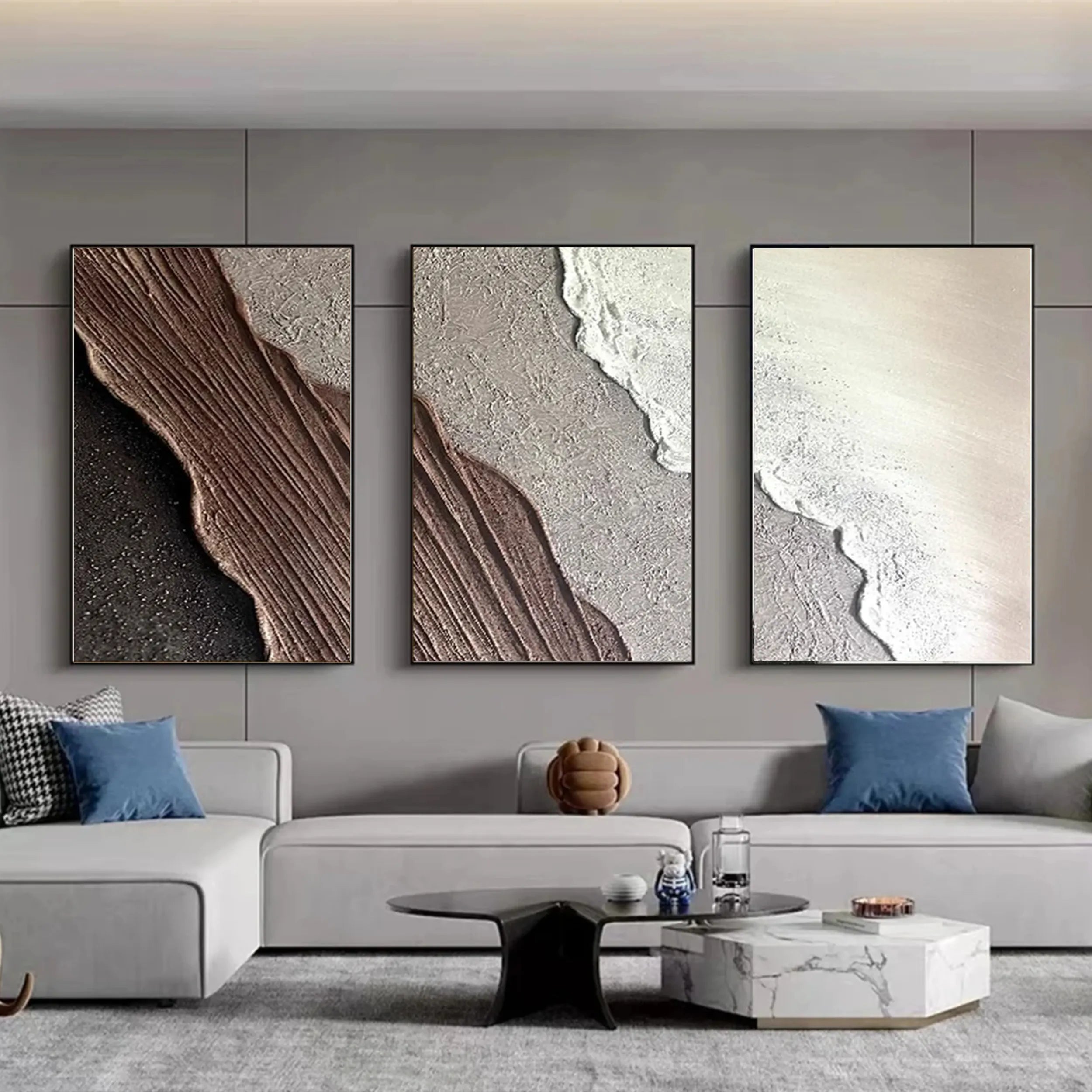 Large Wall Art Set of 3 Beach Art -Abstract Texture Brown Sea Oil Painting #JJ 283