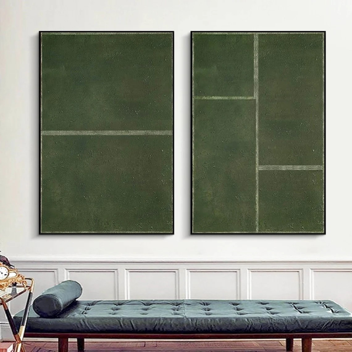 Set of 2 Large Abstract Green Oil Paintings with Geometric Design | # TC 017