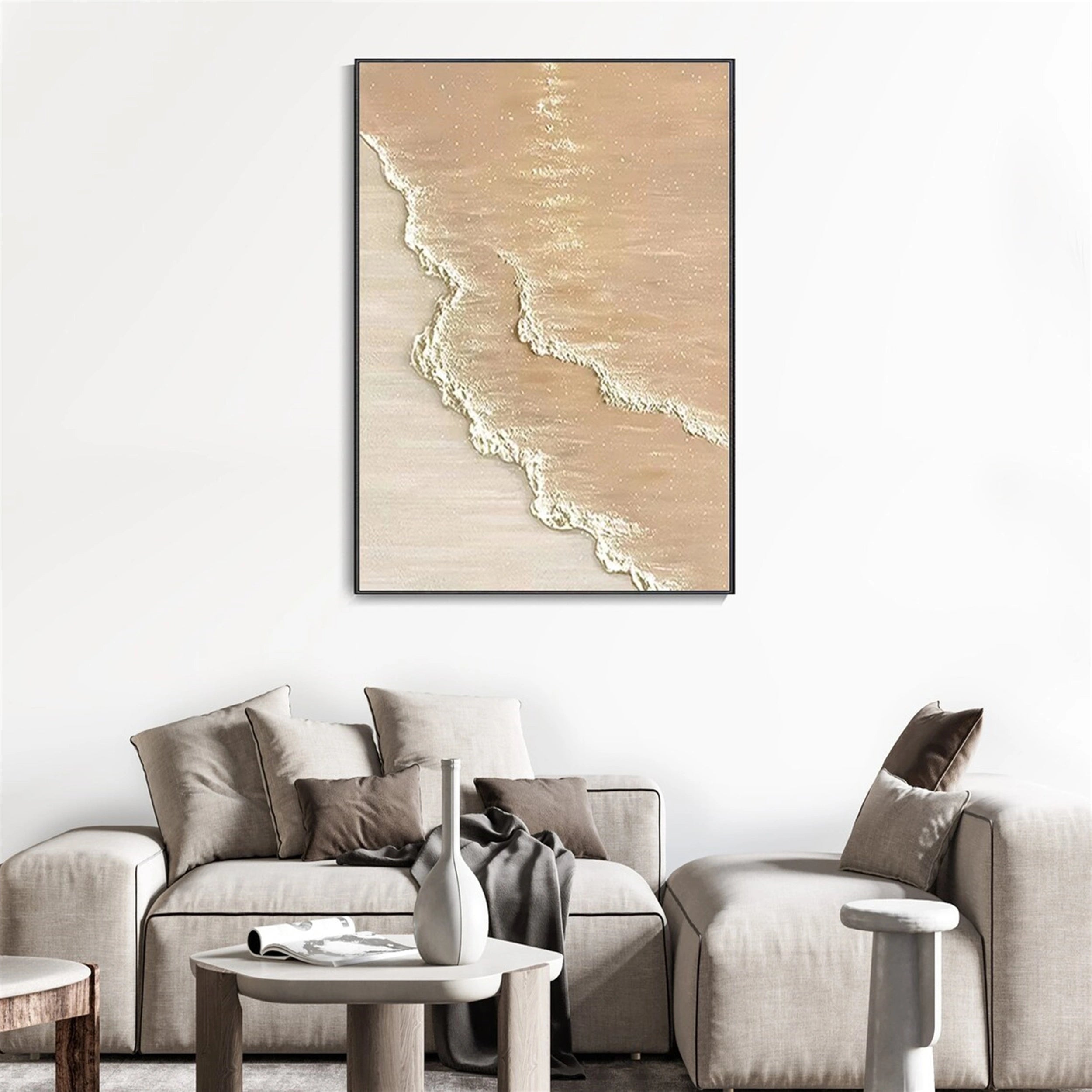 Calm Coastal Sand Textured Abstract - Beige and White Minimalist Oil Painting #JJ 133