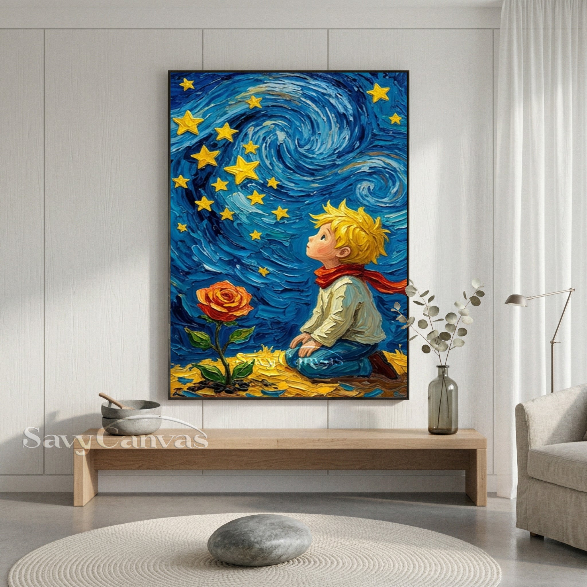 The Little Prince & Starry Night Textured Impasto Oil Painting #SS 174