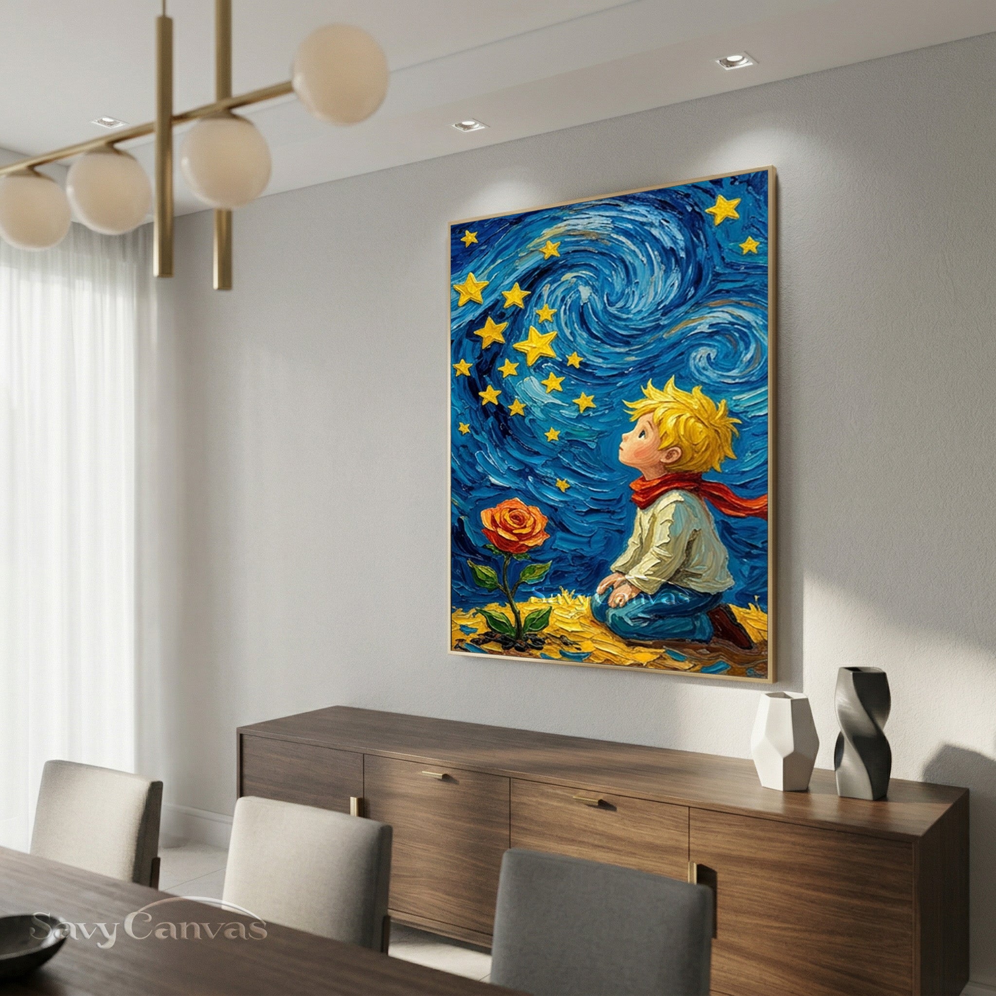 The Little Prince & Starry Night Textured Impasto Oil Painting #SS 174