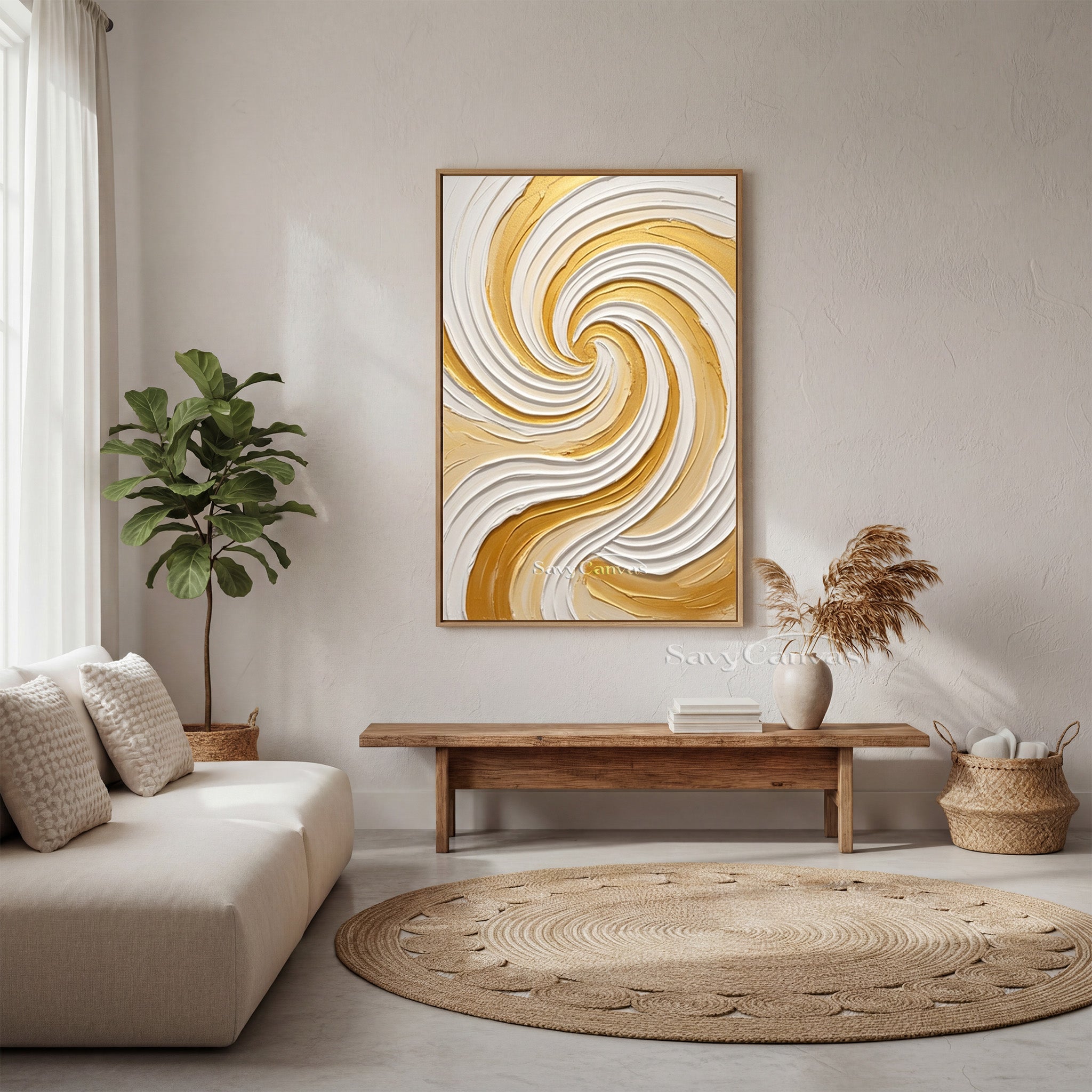 Modern Gold & White Spiral Textured Canvas Art | Handmade Wall Decor #SS 175