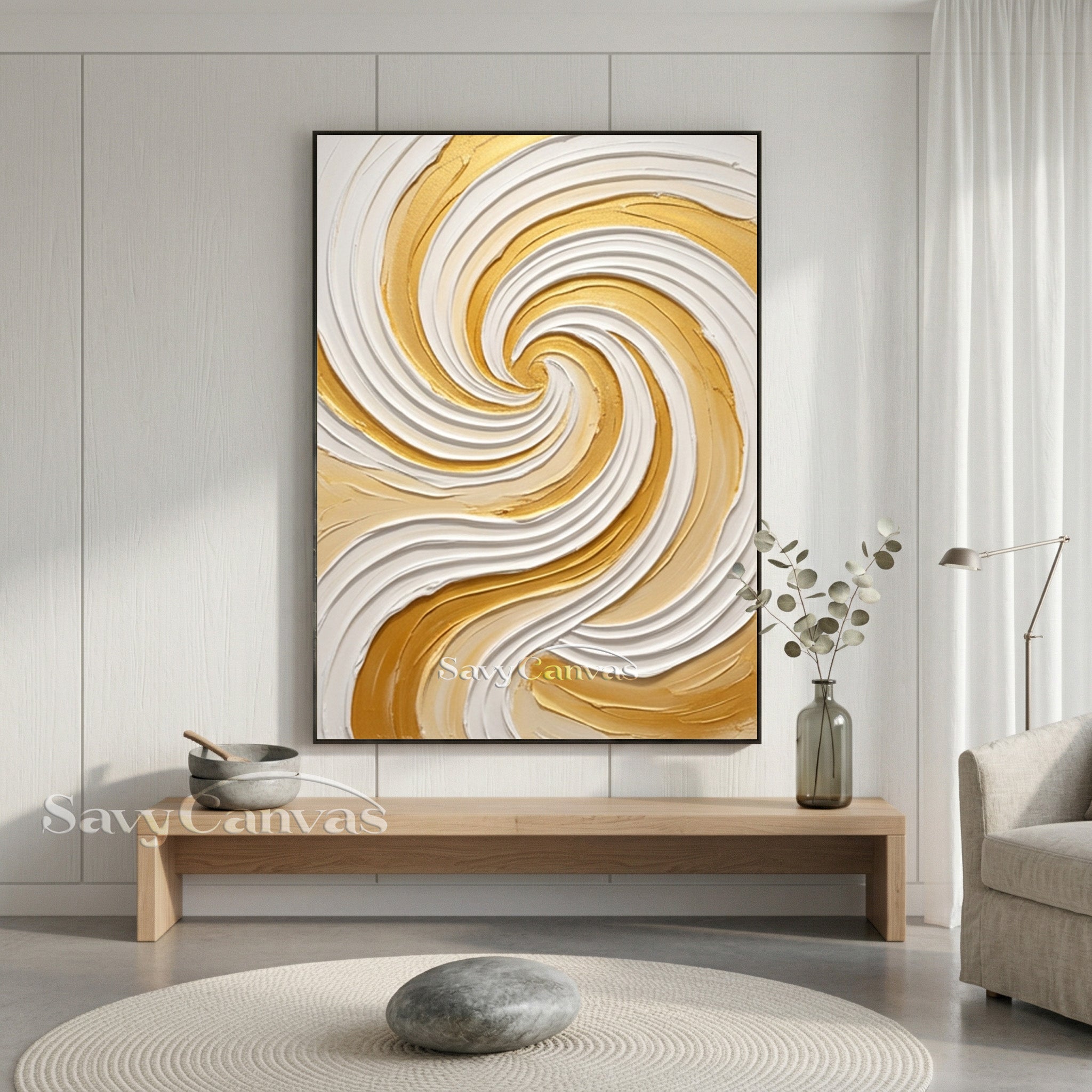 Modern Gold & White Spiral Textured Canvas Art | Handmade Wall Decor #SS 175