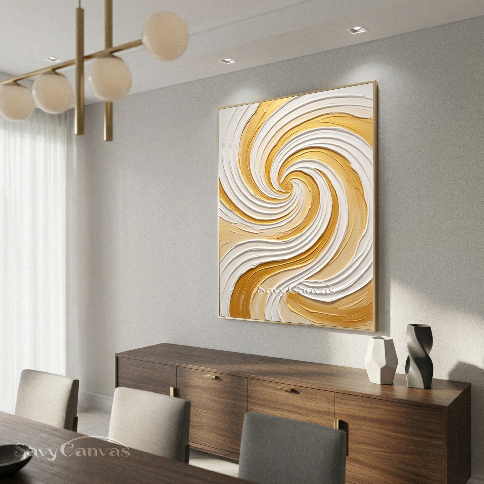 Modern Gold & White Spiral Textured Canvas Art | Handmade Wall Decor #SS 175