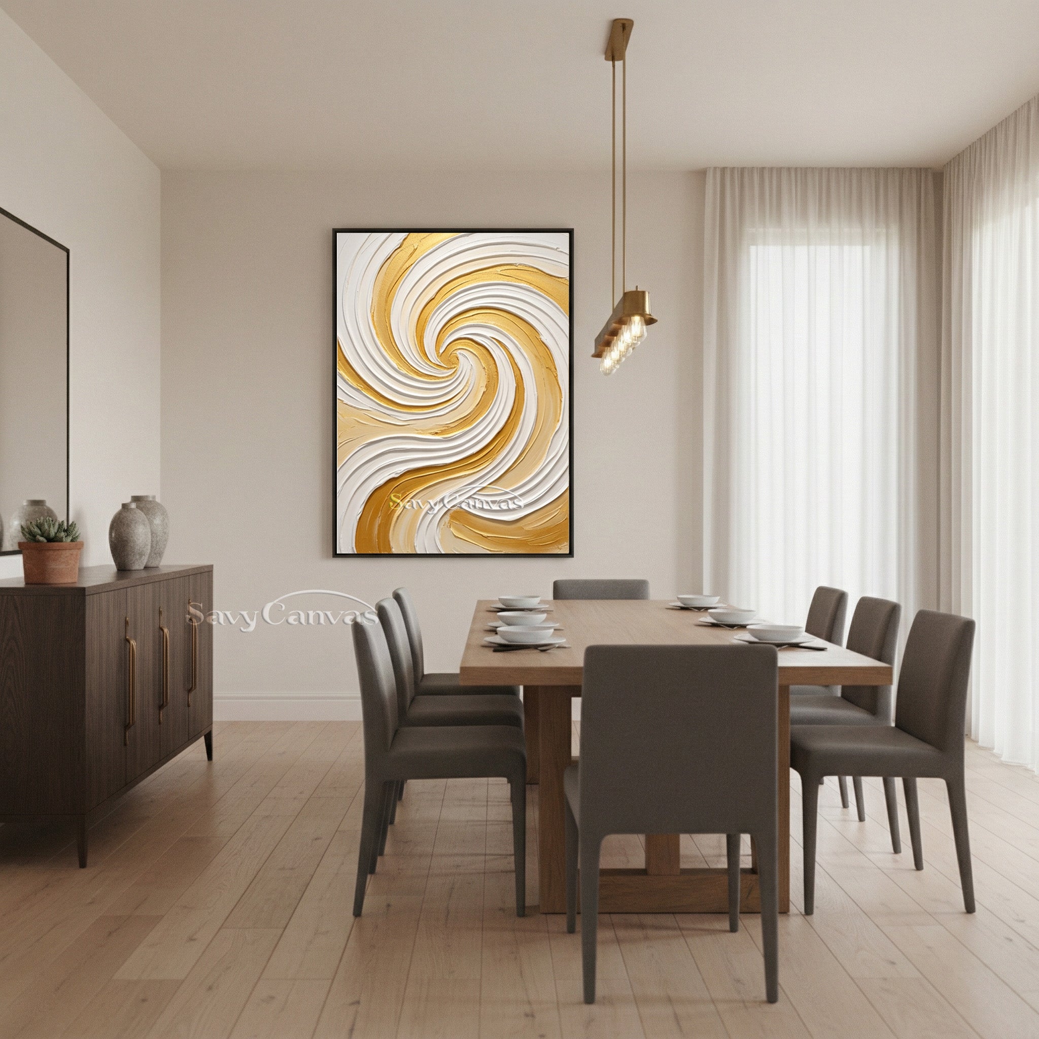 Modern Gold & White Spiral Textured Canvas Art | Handmade Wall Decor #SS 175