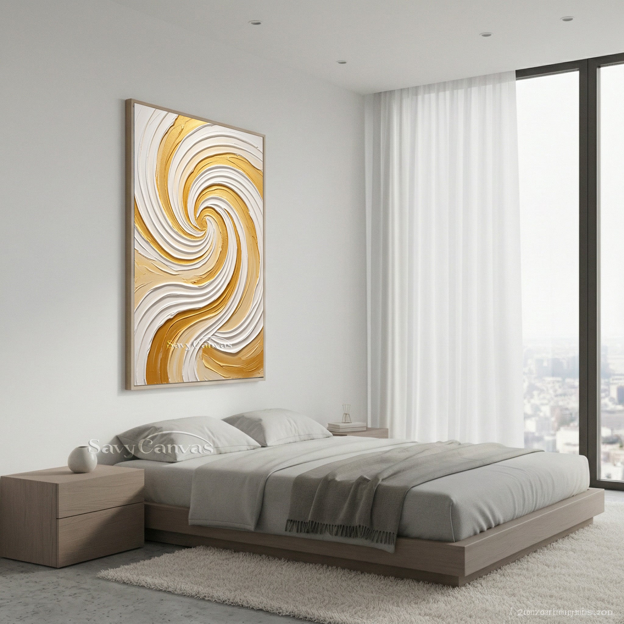 Modern Gold & White Spiral Textured Canvas Art | Handmade Wall Decor #SS 175