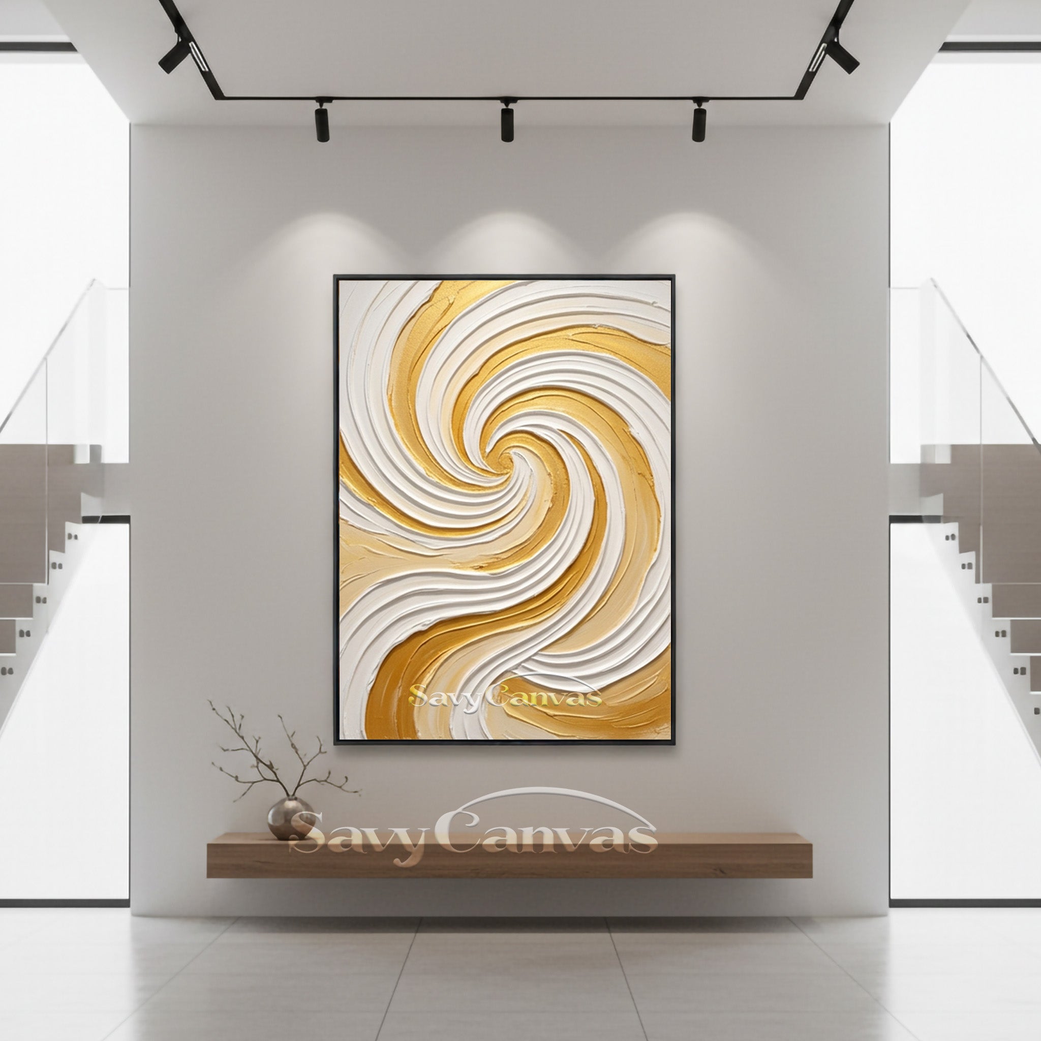 Modern Gold & White Spiral Textured Canvas Art | Handmade Wall Decor #SS 175