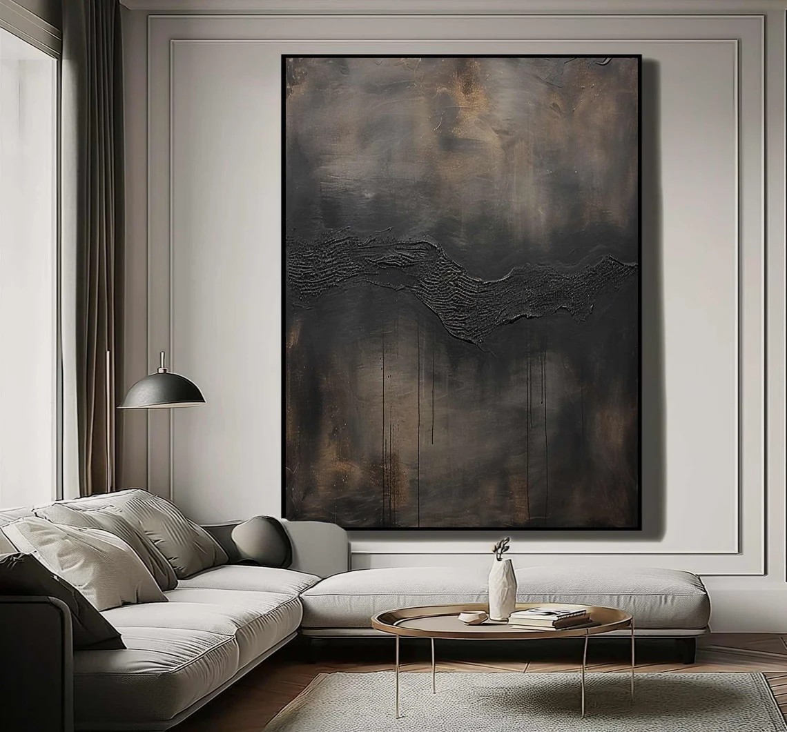 Large Abstract Black and Gray Oil Painting with Textured Flow Design #TC 016