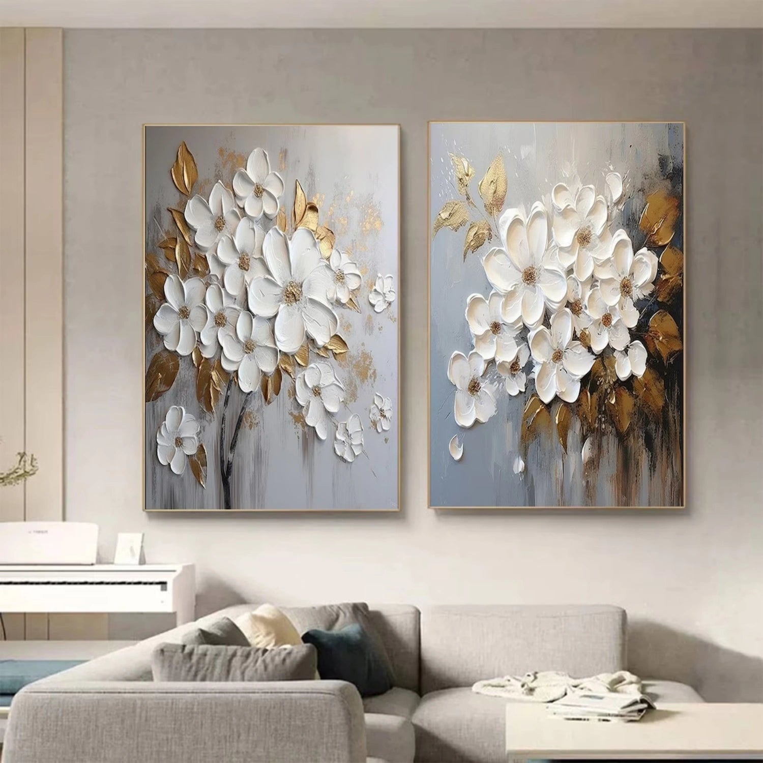 Luxurious Hand - Painted Oil Paintings, Floral Motifs with Gold Leaf