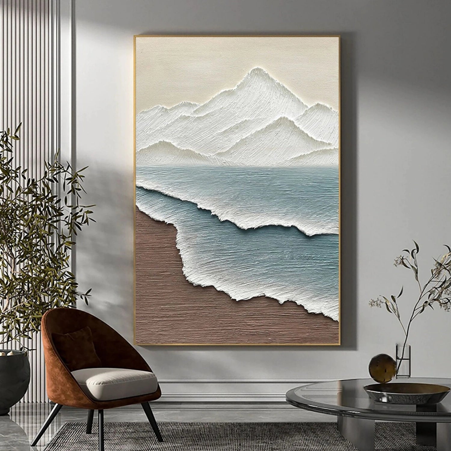 Modern Beige Mountain Seascape Textured Abstract Oil Painting - Nature Art