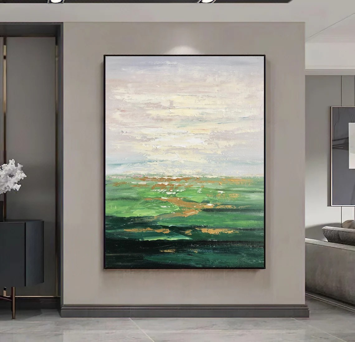3D Green Abstract with Gold Accents - Modern Oil Art #JJ 028
