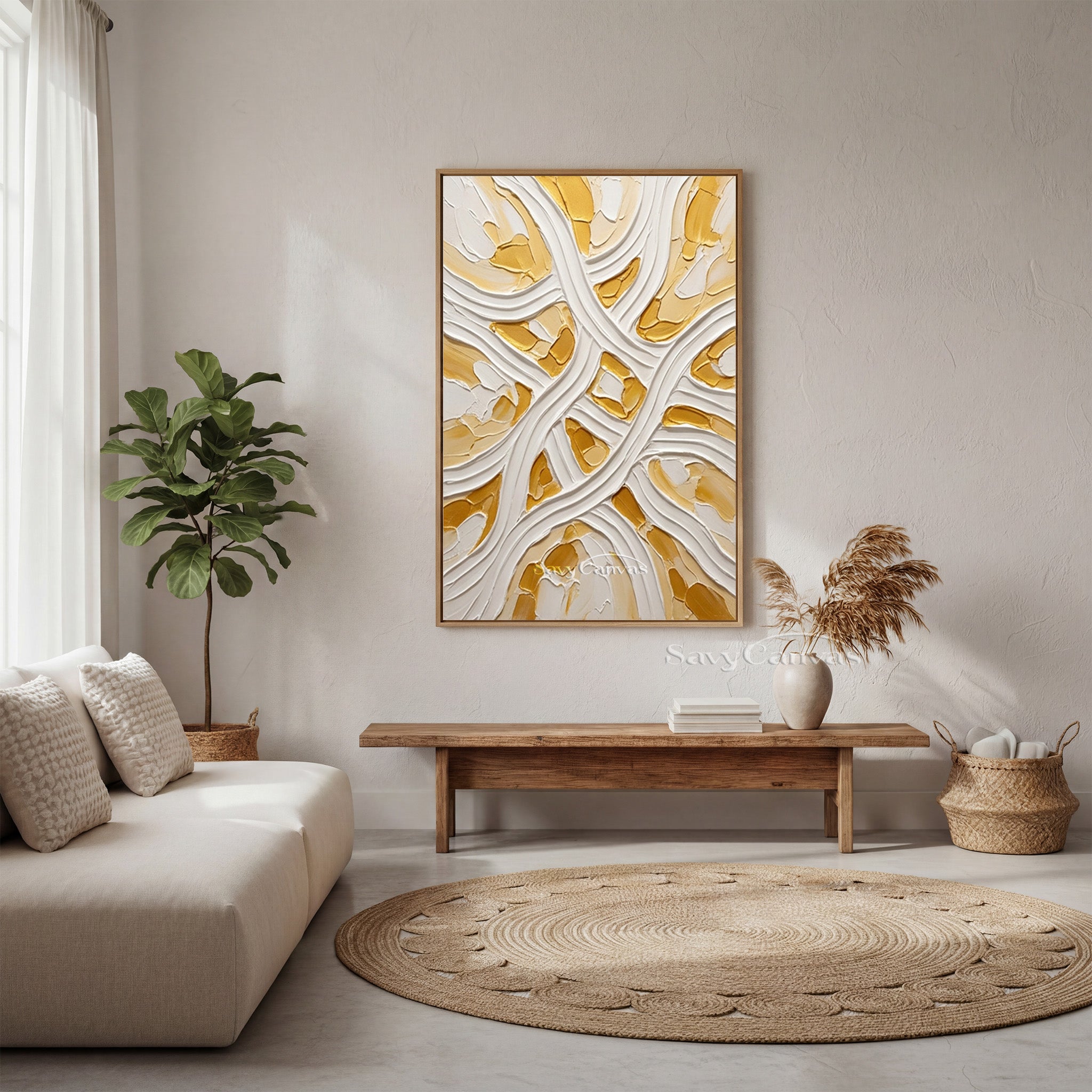 Minimalist White & Gold Flowing Line 3D Texture Wall Painting #SS 177