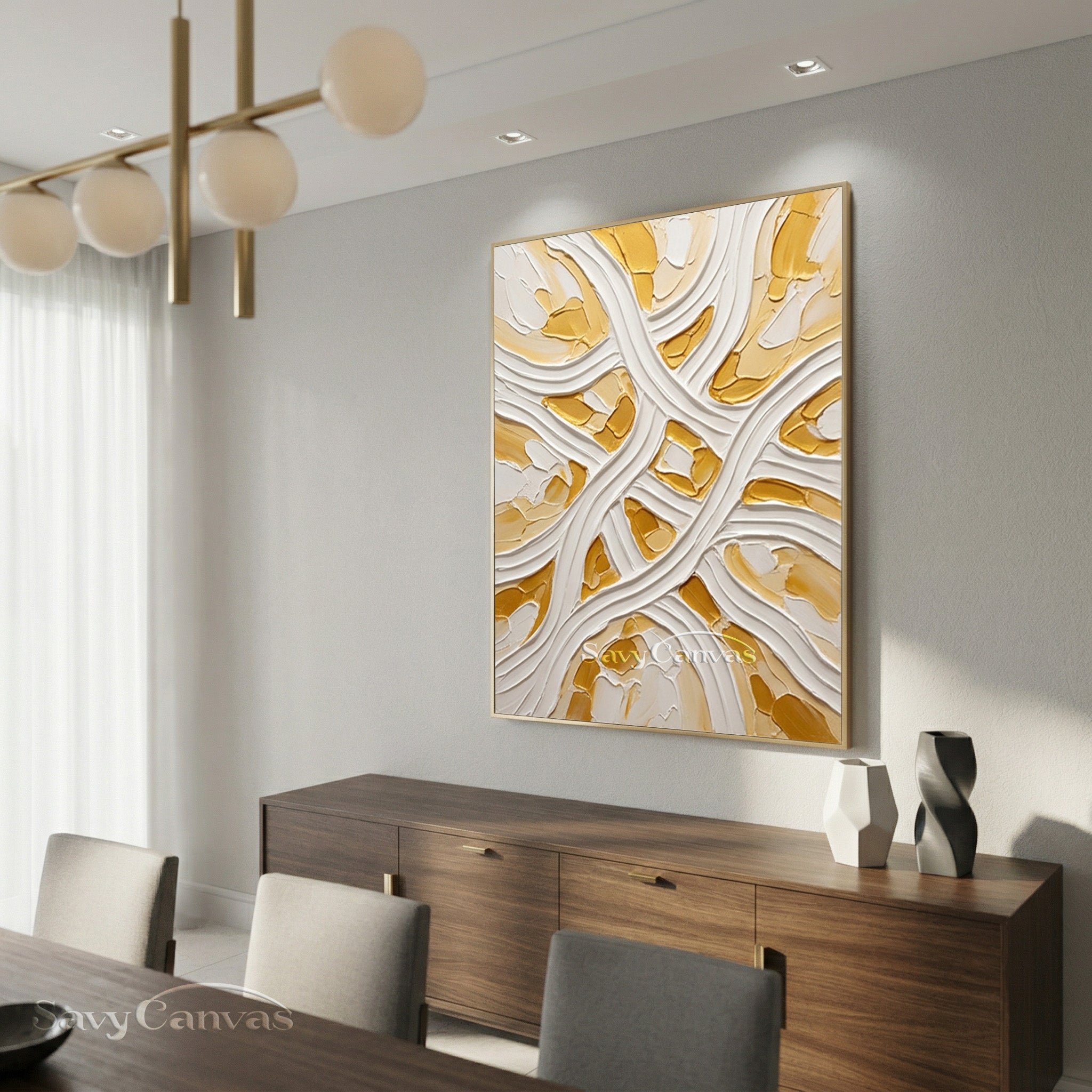 Minimalist White & Gold Flowing Line 3D Texture Wall Painting #SS 177