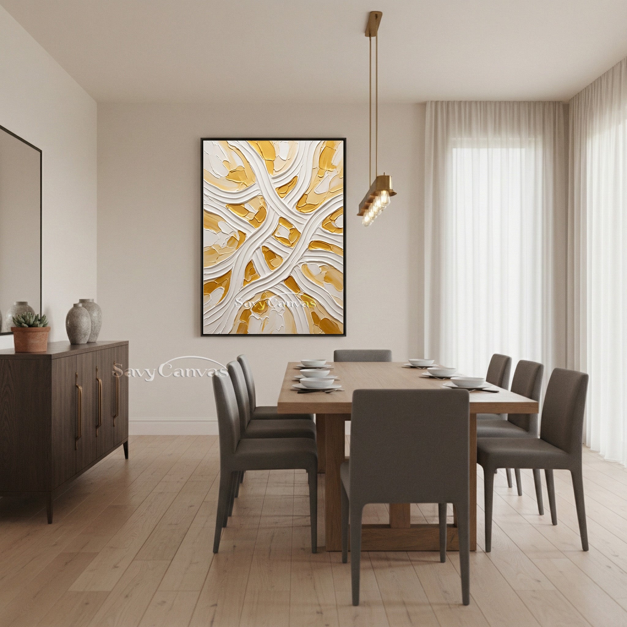 Minimalist White & Gold Flowing Line 3D Texture Wall Painting #SS 177