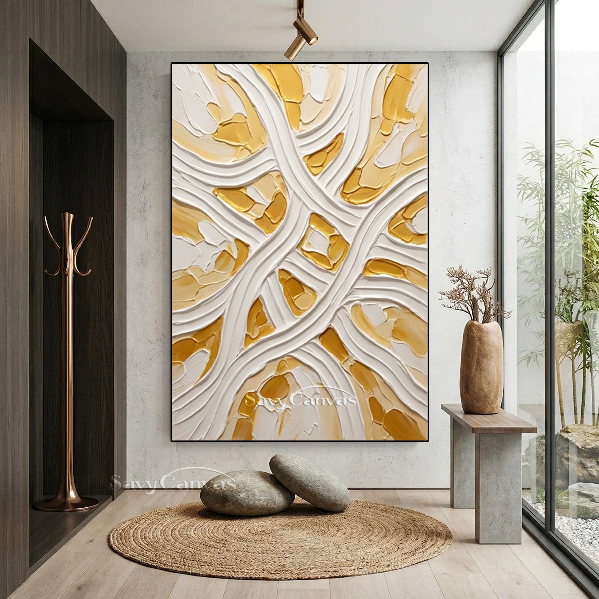 Minimalist White & Gold Flowing Line 3D Texture Wall Painting #SS 177