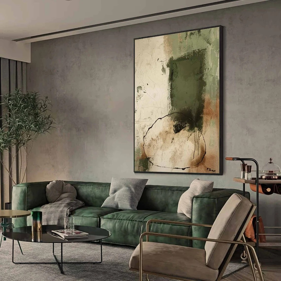 Minimalist Beige and Green Wabi Sabi Art for Contemporary Design #TC 021