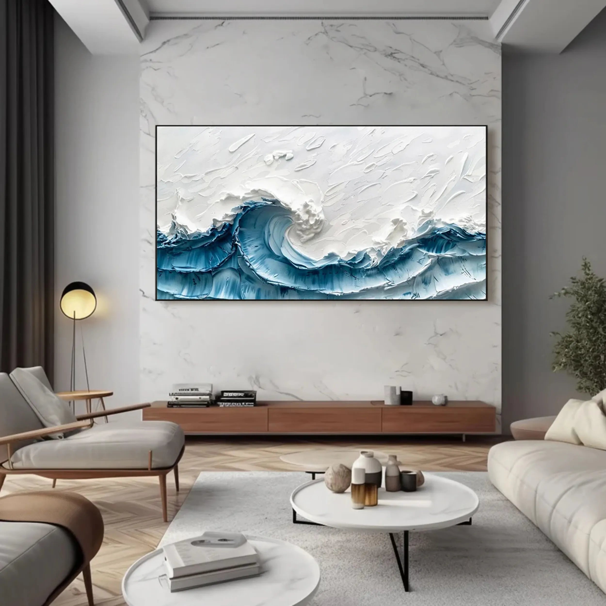 Wide Format Blue and White Textured Wave Abstract Oil Painting - Modern Ocean Wall Decor #JJ 180