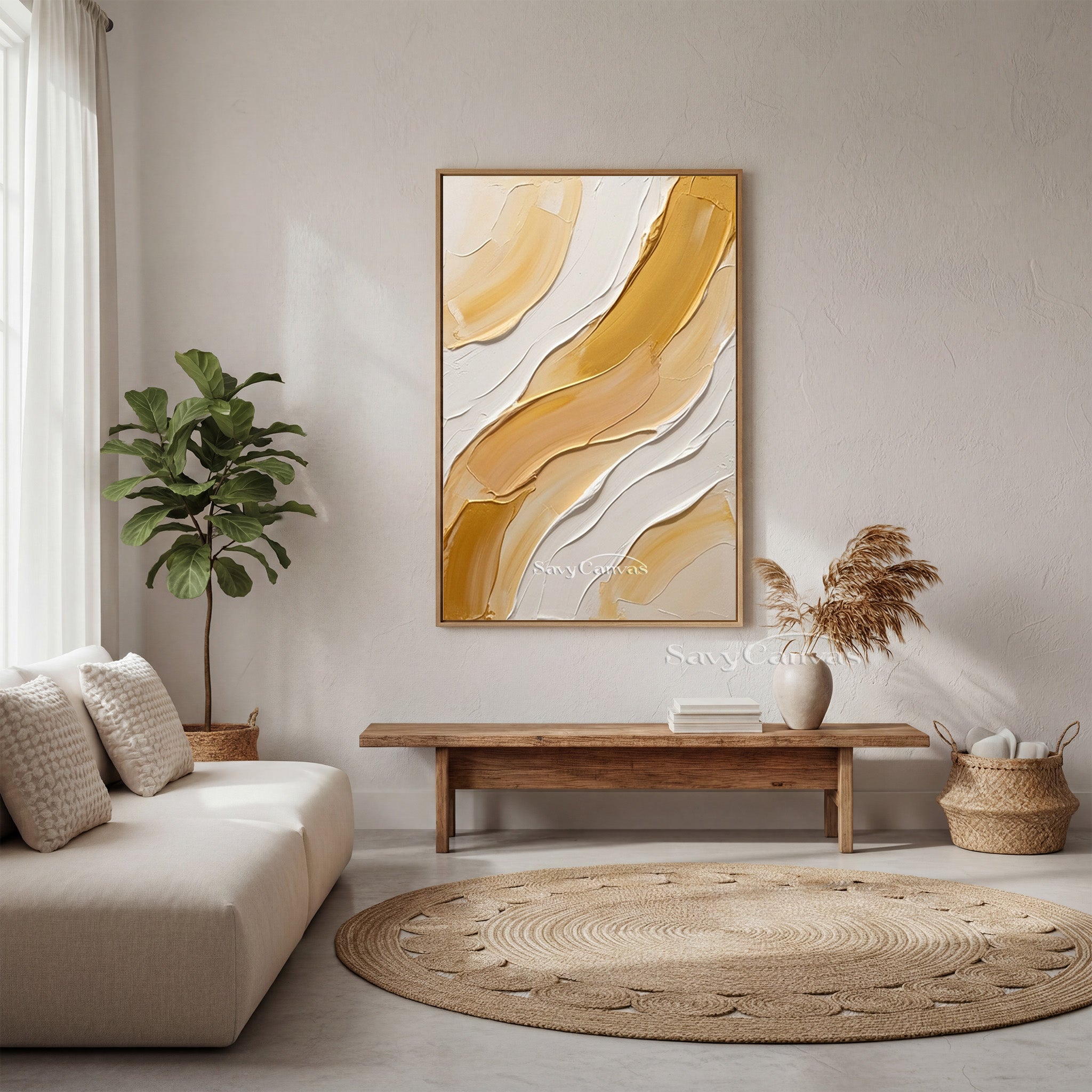 Modern Gold & White Impasto Palette Knife Abstract Wall Art #SS 178